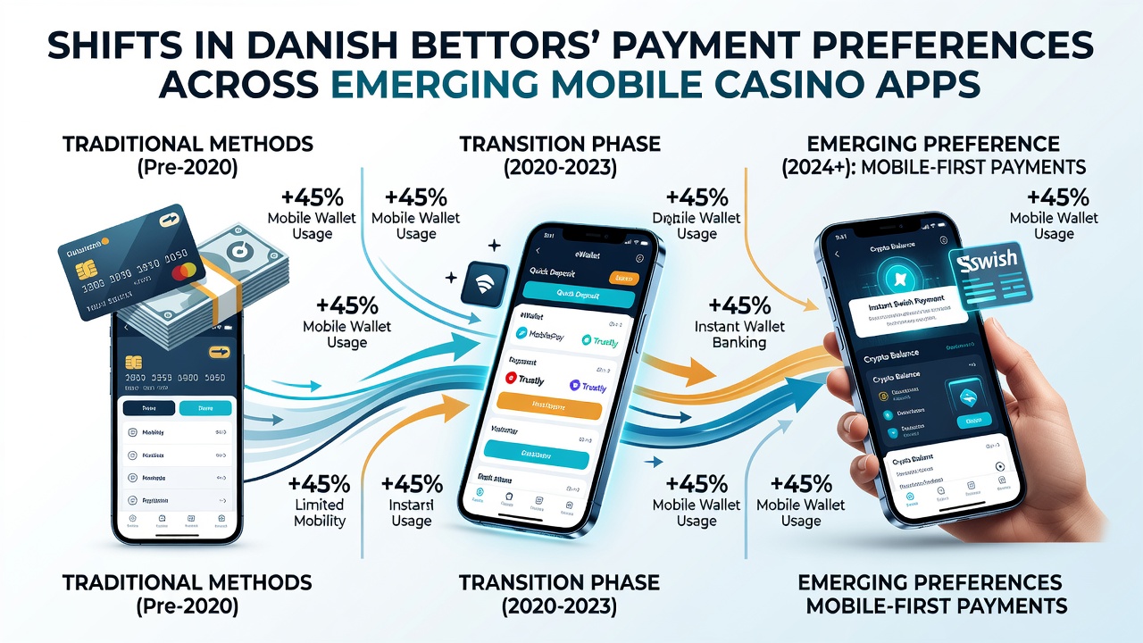 Graf der illustrerer stigningen i mobile wallet-brug blandt danske casino-spillere fra 2023 til 2026